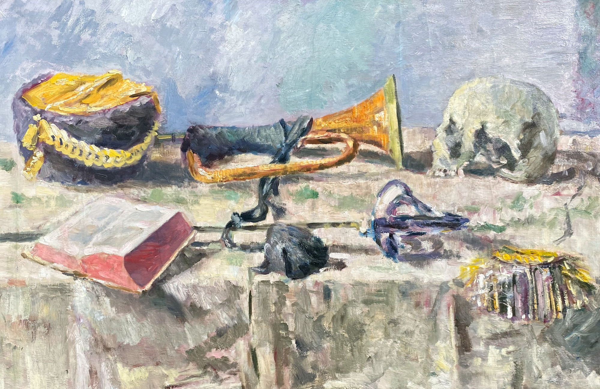 Stilleben Vanitas mit Buch und Trompete