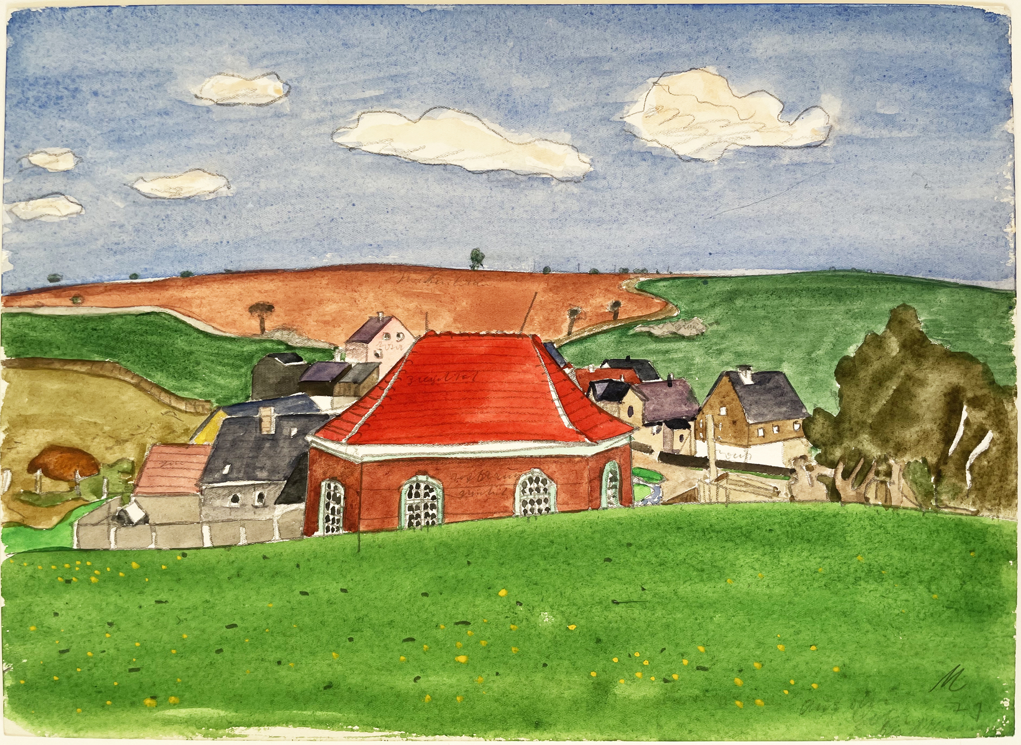 Aquarellstudie mit Gehöft