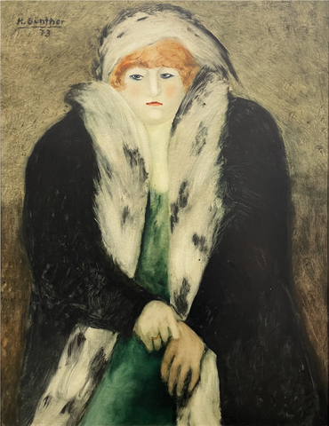 Herta Günther: Rothaarige mit Pelz und grünem Kleid, 1973