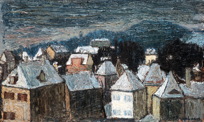 Theodor Rosenhauer: Winterlandschaft, Blick von Hoflößnitz, und verso: Stillleben mit Zinnkrug, Figur und Masken, 1956