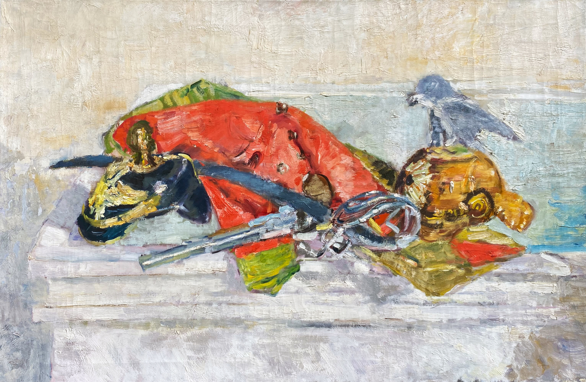 Stilleben mit Uniform, Helm und Muskete (Preußische Helme, Pistole aus der Zeit des Großen Kurfürsten, roter Offiziersrock und österreichischer Degen)