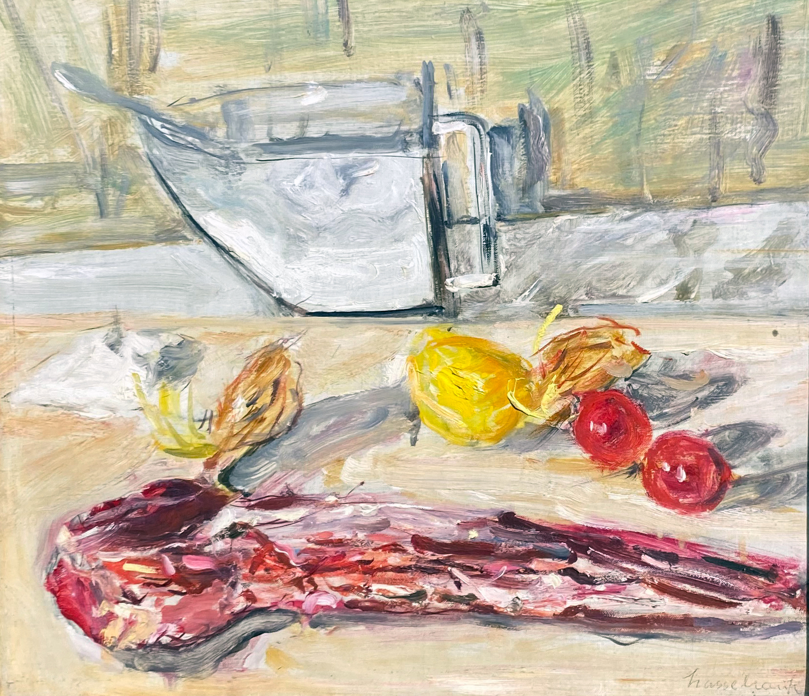 Küchenstilleben mit salzmäste und file