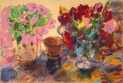 Ernst Hassebrauk: Rote Rosen und Rubinglas auf getöntem Velinkarton, 1940