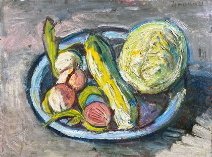 Ernst Hassebrauk: Gemüse in blauer Schale, 